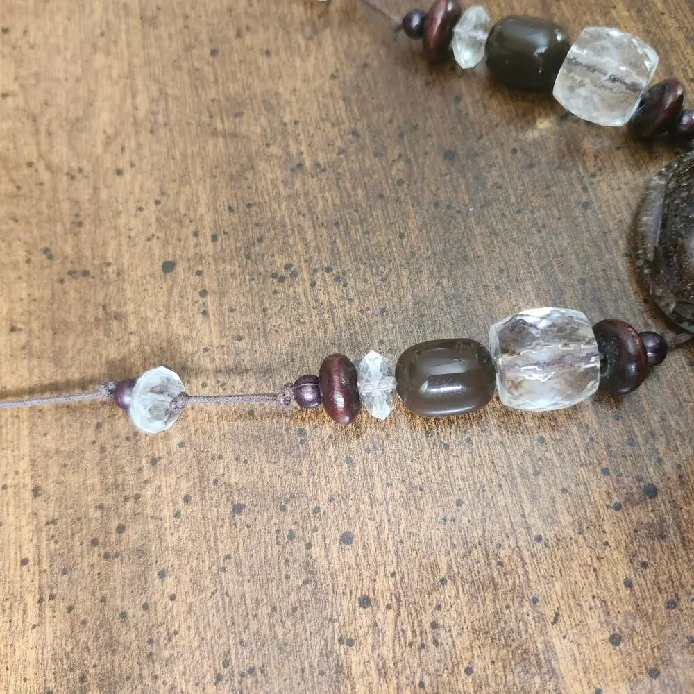 Brown Art Glass Pendant Wood Bead Cord Necklace Adjustable Boho Chunky‎